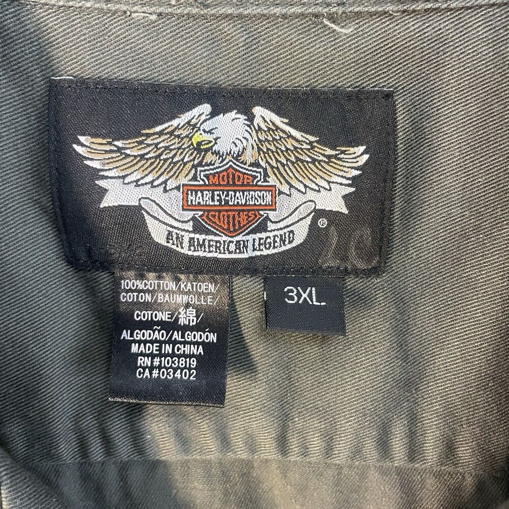 Harley Davidson Shirt Mens 3XL Drab Green Oil Refinery Mechanic Collar Biker - Picture 3 of 7